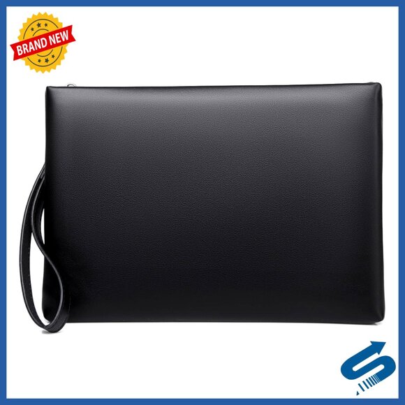Large Leather Clutch Bag with Wrist Strap for Men Business Travel